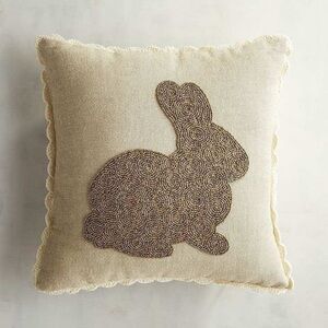 Retired PIER 1 Brown Cream Cotton Linen Beaded Easter Bunny Pillow w/ Crochet